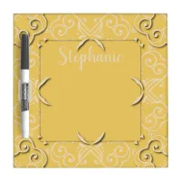 Elegant Vivid Orange Yellow Damask with Name  Dry Erase Board