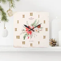 Farmhouse Christmas Winter Poinsettia Rustic Square Wall Clock