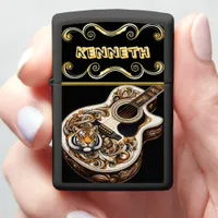 White Gold Guitar with Tiger Engraving Zippo Lighter