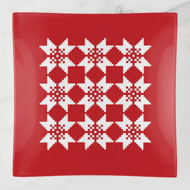 Christmas Nordic Knit Pattern White Snowflake Red Trinket Tray