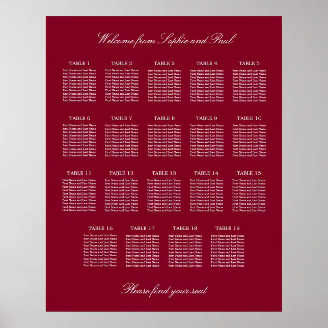 Burgundy 19 Table Wedding Seating Chart Poster