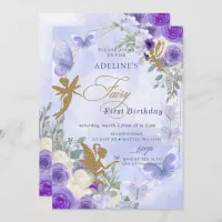 Purple Gold Butterflies Fairy First Birthday Invitation