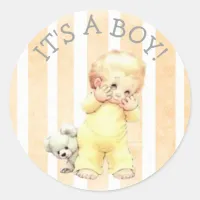 Peek a Boo Vintage Baby Boy Yellow Baby Shower Classic Round Sticker