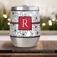 White and Black Floral Pattern: Red Monogrammed Thermal Wine Tumbler