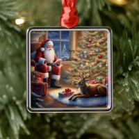 After work - Santa Claus and his reindeer Metal Ornament