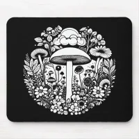 Black and White Flowers and Mushrooms Vintage Mouse Pad