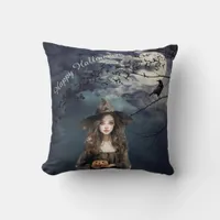 Halloween Witch in Moonlight  Throw Pillow