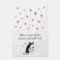 Glass Half Full Funny Wine Toast with Cat Kitchen Towel