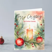 Festive Lit Christmas Candle and Pine Branches  Card