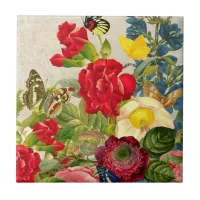 Vintage Flower Bouquet with Butterflies Ceramic Tile