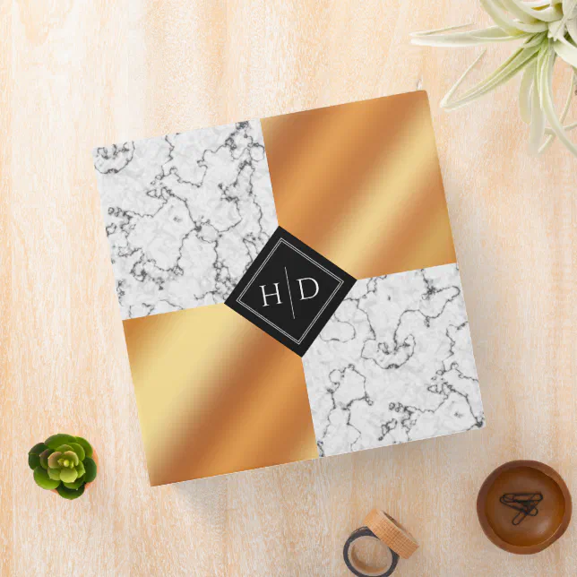 Elegant Marble & Copper Foil Monogram Wedding 3 Ring Binder