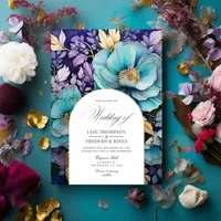 Teal, Purple, and Gold Floral Wedding Invitation