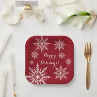 White Snowflakes on Red Happy Holidays Paper Plates