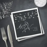 Modern String Light Wedding Thanks B&W ID585 Napkins