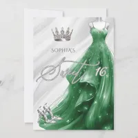 Silver Emerald Green Sparkle Dress Sweet 16 Invitation