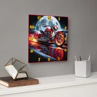 Bold motorcycle racing under a full moon square wall clock