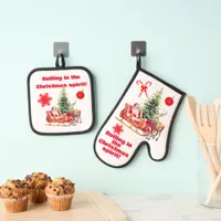 Rolling in the Christmas Spirit Vintage white Oven Mitt & Pot Holder Set