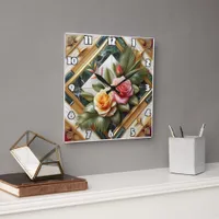 Elegant Roses With Decorative Leaves on Marble Square Wall Clock