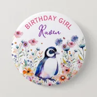 Penguin in Flowers Birthday Girl Personalized Button