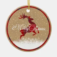 Merry Christmas Reindeer Tartan Red/Kraft ID590 Ceramic Ornament