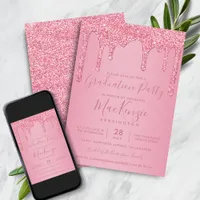 Blush Pink Sparkle Glitter Drips Graduation Party Invitation