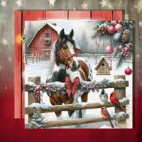 Pretty Brown and White Horse Rustic Farm Christmas Holiday Card