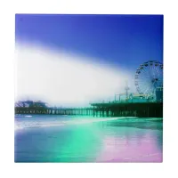 Santa Monica Pier - Blue Green Photo Edit Ceramic Tile