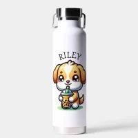 Cute Kawaii Puppy Dog with Bubble Tea Personalized Water Bottle