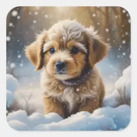 Adorable Christmas Puppy on a Snowy Night Square Sticker