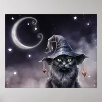 Black Halloween Cat Wearing a Witch Hat  Poster