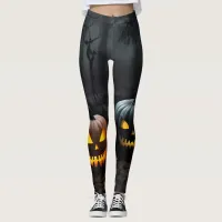 Festive Halloween Pumpkins and Floral Pattern Leggings