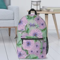 Pastel Pink Purple Hand-Drawn Flowers on Green Printed Backpack