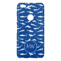 Shark Frenzy Ocean Blue and White Monogram Uncommon Google Pixel Case