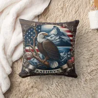 Majestic Eagle With Mountains and American Flag Throw Pillow