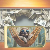 Funny sloth with sunglasses in a hammock gold finish money clip