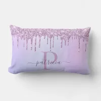 Glam Purple Glitter Drips Elegant Monogram  Lumbar Pillow