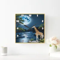 Giraffe By Moonlit River Under Starlit Sky Square Wall Clock