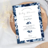 Floral Navy Blue Watercolor Flowers Baby Shower Invitation