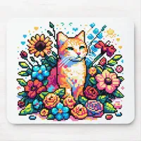 Pixel Art | Cat Sitting in Flowers   Mouse Pad