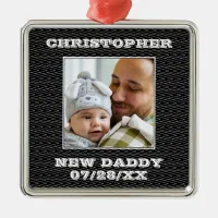 New Dad Black And White Zigzag Photo And Name Metal Ornament