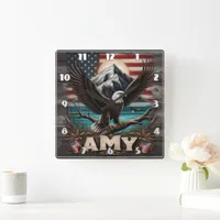 Eagle Wings Spread by American Flag Square Wall Clock