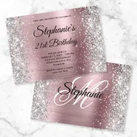 Silver Glitter Light Pink Monogram 21st Birthday Invitation