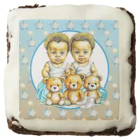 African-American Twin Boy's Blue Baby Shower Brownie