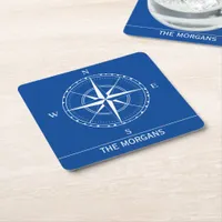 Hamptons Blue and White Ships Compass Nautical Square Paper Coaster