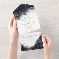 Marble Glitter Wedding Navy Blue Gold ID644 All In One Invitation