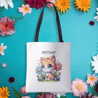 Cute  Orange Kitty Cat in Flowers Personalized Tote Bag