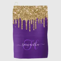 Monogrammed Royal Purple Gold Dripping Glitter Golf Towel