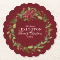 Elegant Christmas Watercolor Poinsettia Wreath Paper Coaster