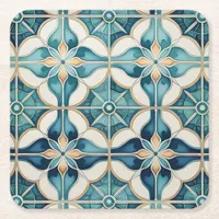 Floral Moroccan Tile Pattern#1 Teal White ID1078 Square Paper Coaster