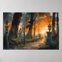 Winding path through woods at twilight poster
